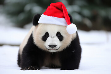 a panda wearing a christmas hat in winter