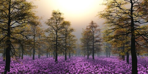 Flower meadow in the park, Forest and flowers, glade among trees, 3d rendering