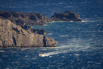 Greek coast guard boat fighting with meltemi wind on Crete 