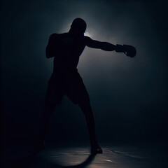 Silhouette of a boxer practicing boxing in the gym