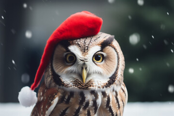 an owl wearing a christmas hat in winter