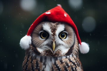 an owl wearing a christmas hat in winter