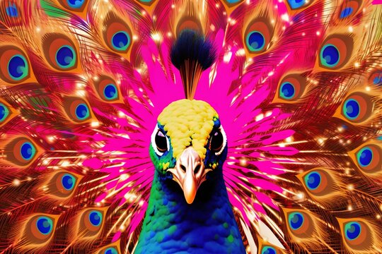 Beautiful peacock with feathers on a colorful background. Close-up. generative ai