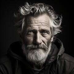 Portrait of an elderly man with wrinkles and signs of aging. Charismatic grandfather on a dark dramatic background. Aggressive look at the camera. Generative AI