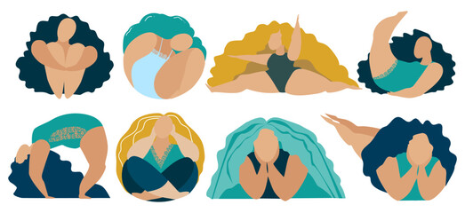 Chubby women set with different bodies poses. Body positive. Sport.  Plump girl or curvy woman model. Plus size overweight female. Sketch vector illustration.