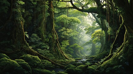  a painting of a lush green forest with a stream running through it.  generative ai