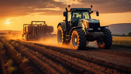 Obraz premium Tractor drives across large field making special beds for sowing seeds into purified soil. Agricultural vehicle works at sunset in countryside. Generative AI