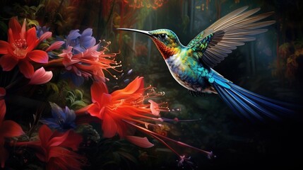 Obraz premium a hummingbird flying over a bunch of flowers in the air. generative ai