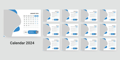 Calendar 2024 template, Desk calendar design, Happy New year, minimal trendy style, table calendar, desk calendar layout, Week start on Monday, Set of 12 Months, vector illustration