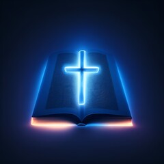 Open book with glowing cross on dark background religion concept generative ai