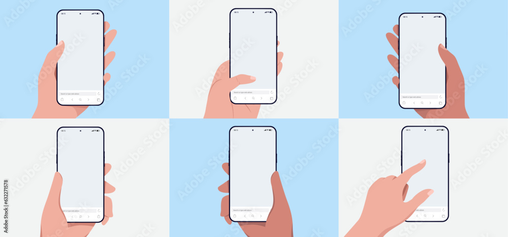 Fototapete Phone in hand vector template collection - Set of mockup illustrations of diverse hands using smartphone touch screens with blank empty web browser