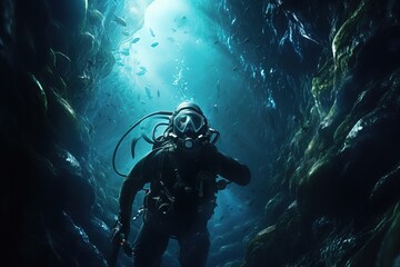 Naklejka na ściany i meble Dangerous dive to study deep sea flora and fauna.