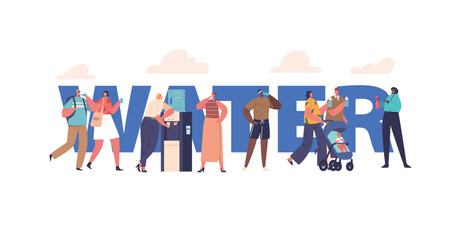 Water Concept, Thirsty Characters Drink Water To Stay Hydrated And Maintain Their Bodily Functions Vector Poster, Banner