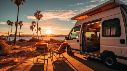 Road adventures on a camper, an exotic kind of outdoor recreation. Generative AI