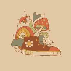 Sneakers for traveling around the pyrode. rainbow, flowers, mushrooms and leaves. Symbol of freedom and travel. T-shirt print. Psychedelic style. Abstract illustration. Vector stock illustration