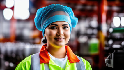 female factory worker wear hair net inside factory - Generative AI