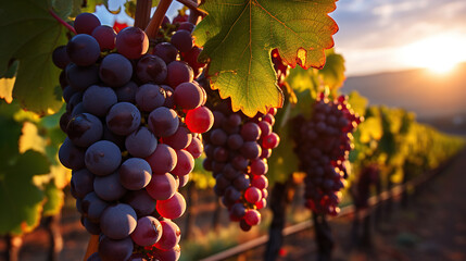 Sun-Kissed Grapes on the Vine in the Evening Glow. Generative AI
