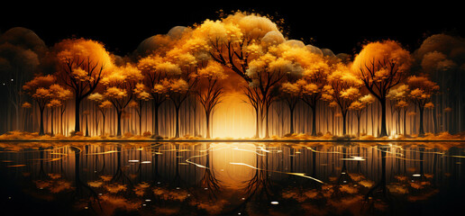 Oil painting of Golden trees reflected in lake on black sky background
