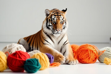 Siberian tiger playing with ball of wool yarn toy. 