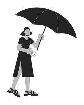 Cute woman holding opened umbrella flat line black white vector character. Editable outline full body person covers from bad weather. Simple cartoon isolated spot illustration for web graphic design