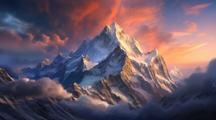  a painting of a mountain with clouds in the foreground.  generative ai