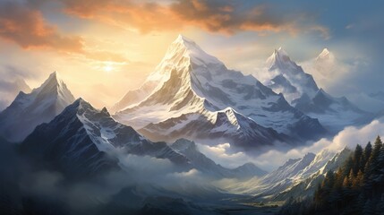  a painting of a mountain range with clouds and trees in the foreground.  generative ai