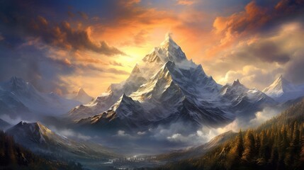  a painting of a mountain with a sunset in the background.  generative ai