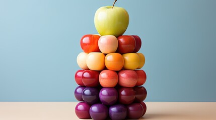  a stack of colored balls with an apple on top of it.  generative ai