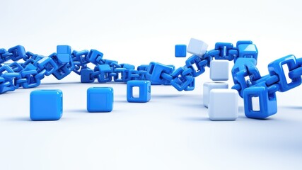 Blockchain depicted by Blue and White blocks and chain with copy space for text
