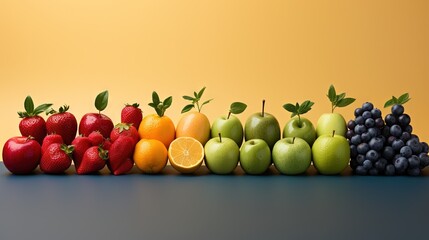  a group of fruits and vegetables arranged in a row on a table.  generative ai