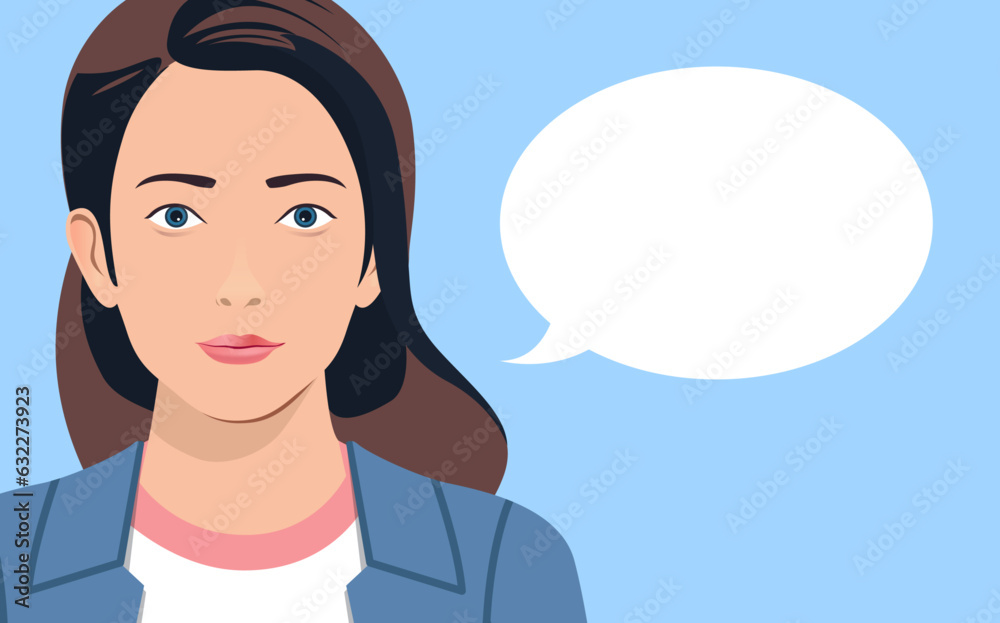Poster woman and speech bubble - vector illustration of female person face with cartoon text field and copy