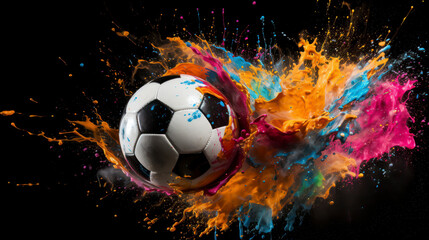 Soccer ball with colors splash on black background, AI Generated