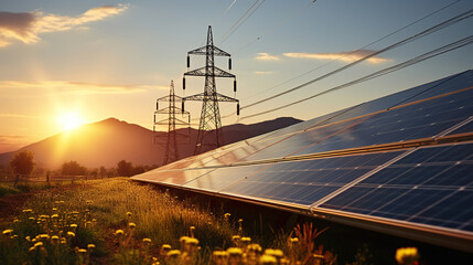 Solar panels and pylon high voltage. Generative AI - obrazy, fototapety, plakaty