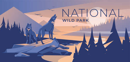 two wolves in a mountain coniferous forest on the bank of a river. Dusk blue sunset. Wild natural park. Vector illustration © Maria