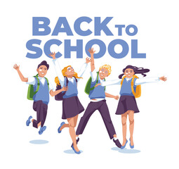 Obraz premium back to school banner, poster. Four happy schoolboys and schoolgirls are jumping on the background of the text. White background