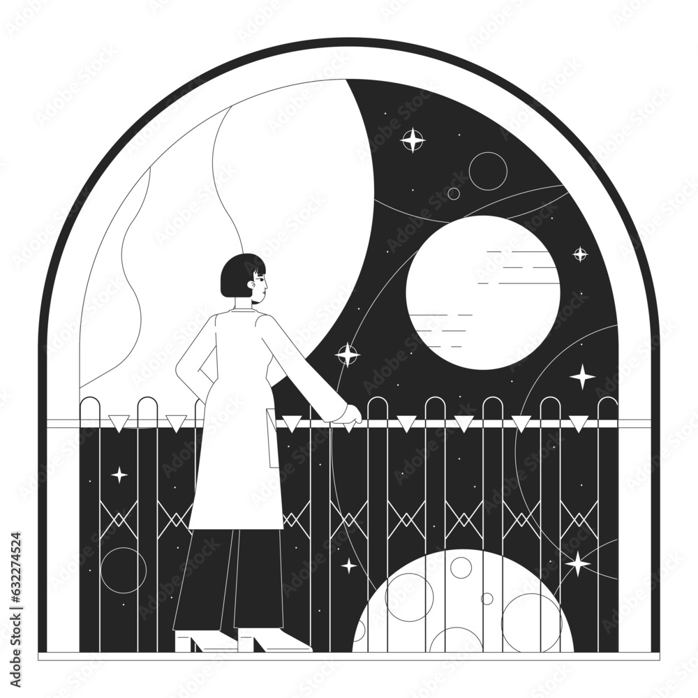 Poster space program bw concept vector spot illustration. space science looking on planets 2d cartoon flat 