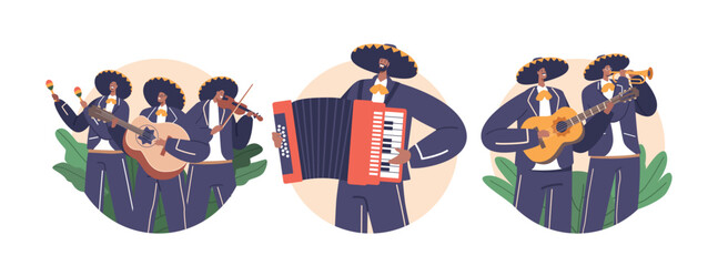 Isolated Round icons or Avatars of Mariachi Musician Band Playing Traditional Mexican Instruments Like Trumpet, Violin