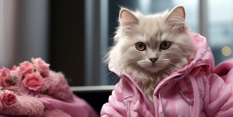 cat on the table. business woman Cat in pink Barbie clothes. Stylized businesswoman kitten. Barbie animal style. Clothes for animals. cat portrait