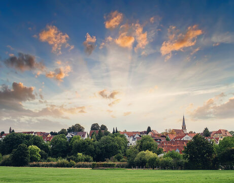 Freiberg am Neckar On the Sunset. Small European town in Baden Wurttemberg, Germany, Europe. Nekar river, southwestern Germany