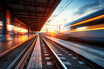 Sunset Symphony Railway Station in Europe - Industrial Landscape with Motion Blur and Orange Sunlight, Embracing the Spirit of Transportation. created with Generative AI