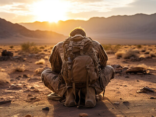 Amidst the desert's vast expanse, an American soldier bows in prayer, seeking solace and strength in a landscape of both challenge and reverence. Generative AI - obrazy, fototapety, plakaty
