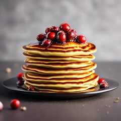 Stack of tasty pancakes with cranberry 
