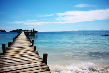 Fototapeta premium Coastal Tranquility Pier at Beach - A Serene Scene of Relaxation and Natural Beauty by the Sea. created with Generative AI