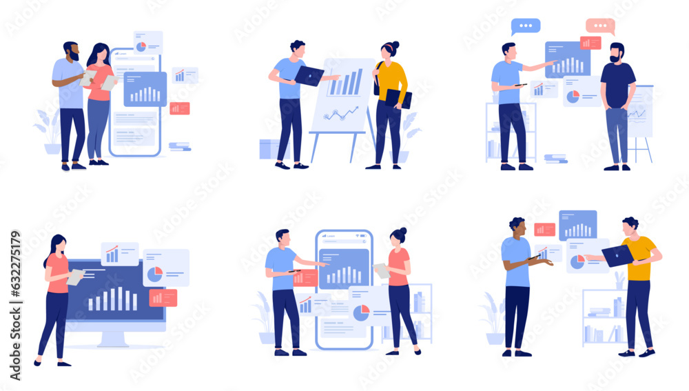 Poster People working with data and charts collection - Set of vector illustration of business characters standing and doing computer work with diagrams and graphs. Flat design and white background