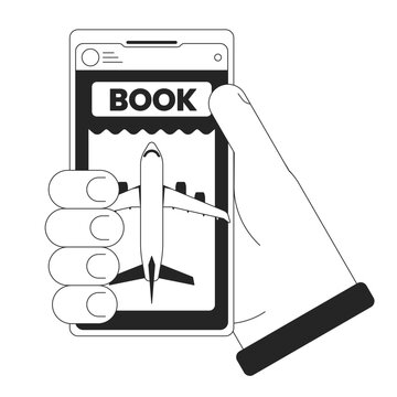 Ticket booking bw concept vector spot illustration. Holding smartphone for buying tickets on plane 2D cartoon flat line monochromatic hand for web UI design.editable isolated outline hero image