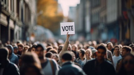 Vote sign held by a white hand during a manifestation, polling, elections, politics, voting, political