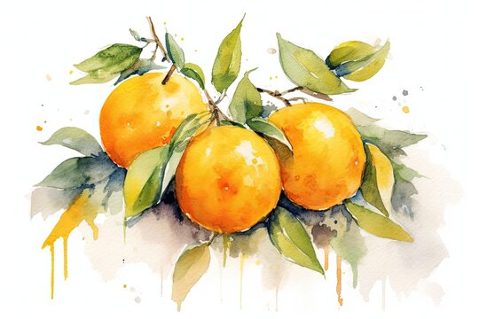 Oranges fruit with leaves on a white background watercolor illustration.