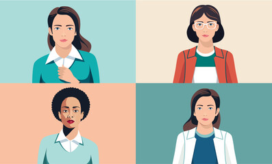 Fototapeta premium Women portrait collection - Set of vector illustrations of diverse female characters face and upper body looking directly in camera. Flat design and front view