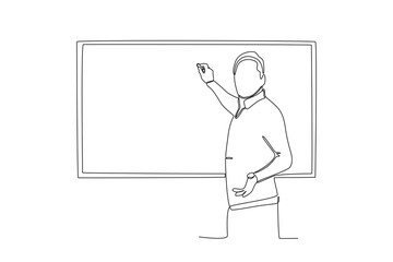 A teacher writes on a chalkboard. World teacher day one-line drawing