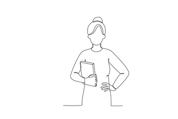 A teacher holding a textbook. World teacher day one-line drawing